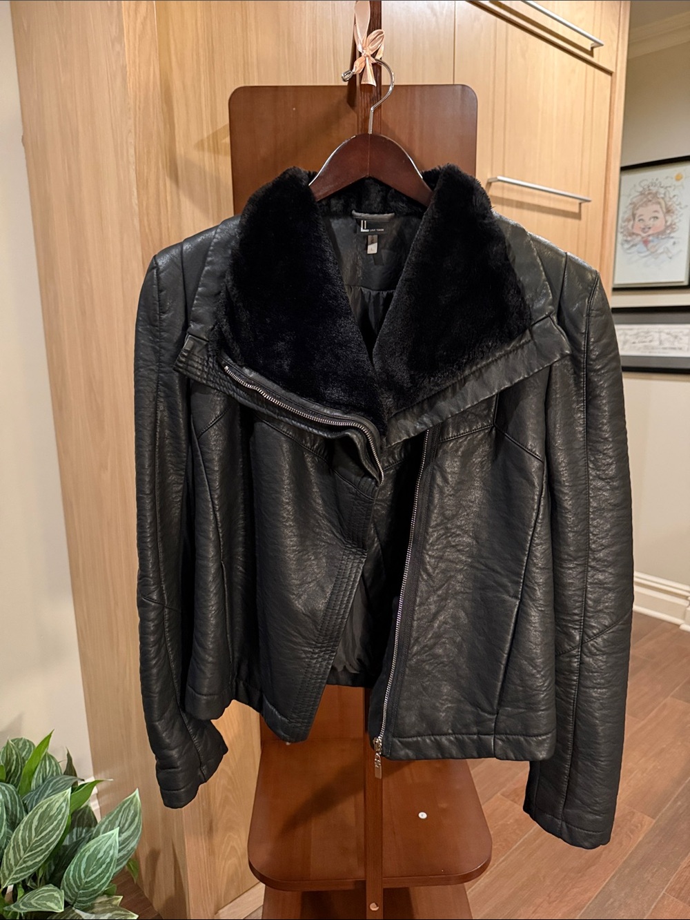 Love Token Black Faux-Leather Jacket with Faux-Fur Collar